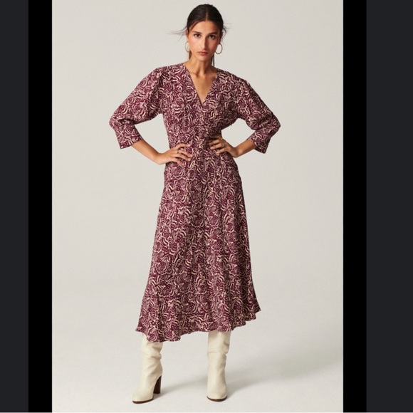 BA&SH Loa Midi dress in purple ivory print women’s size US 8 INT L - Picture 4 of 11